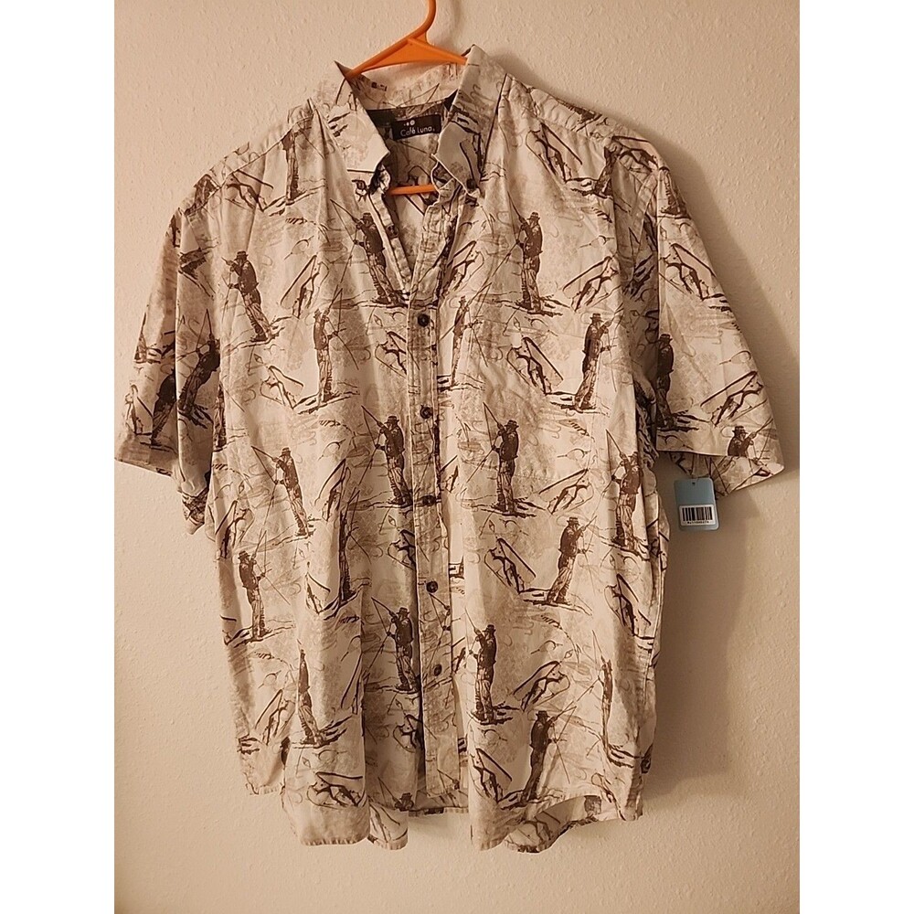 CAF'E LUNA FISH PRINT SHORT SLEEVE SHIRT BEIGE BROWN & WHITE  Size Large